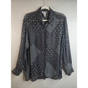 Vintage Patchwork Button Down Shirt 2X Black Long Sleeve Blouse Artsy Cottage